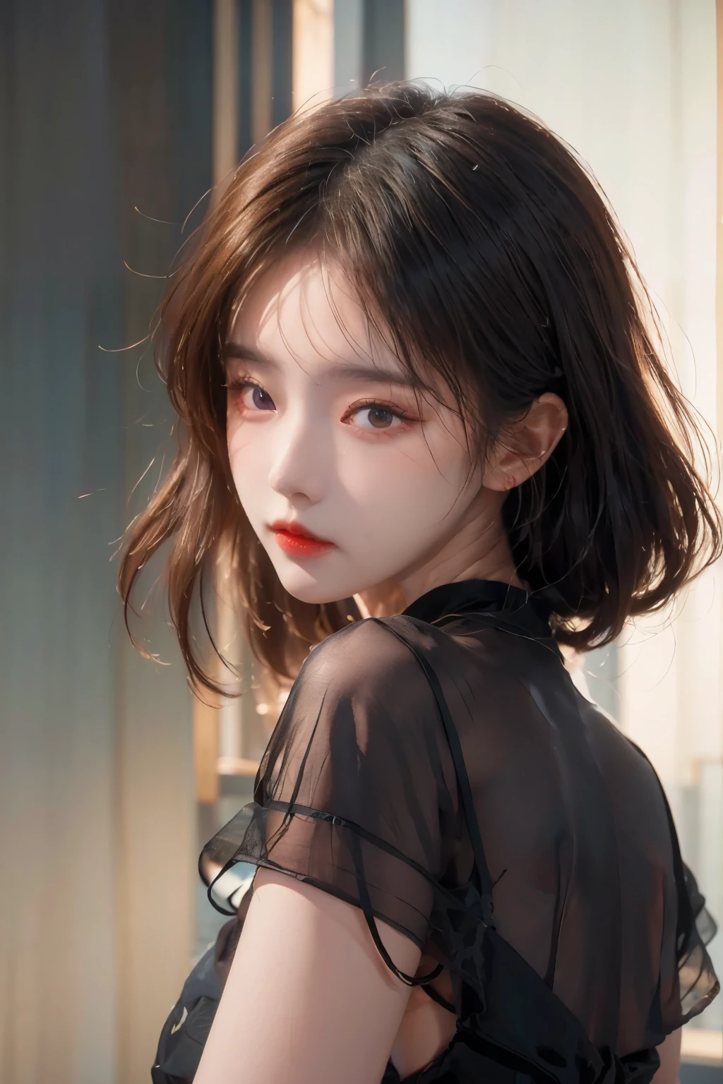 Araped woman posing for photo in black dress, a photorealistic painting inspired by Yanjun Cheng, art station, digital art, soft portrait 8k, cinematic. By Leng Jun, realistic. Cheng Yi, Stunning young Korean woman, shiny skin, 8K Art German Bokeh, gorgeous chinese model, realistic digital painting