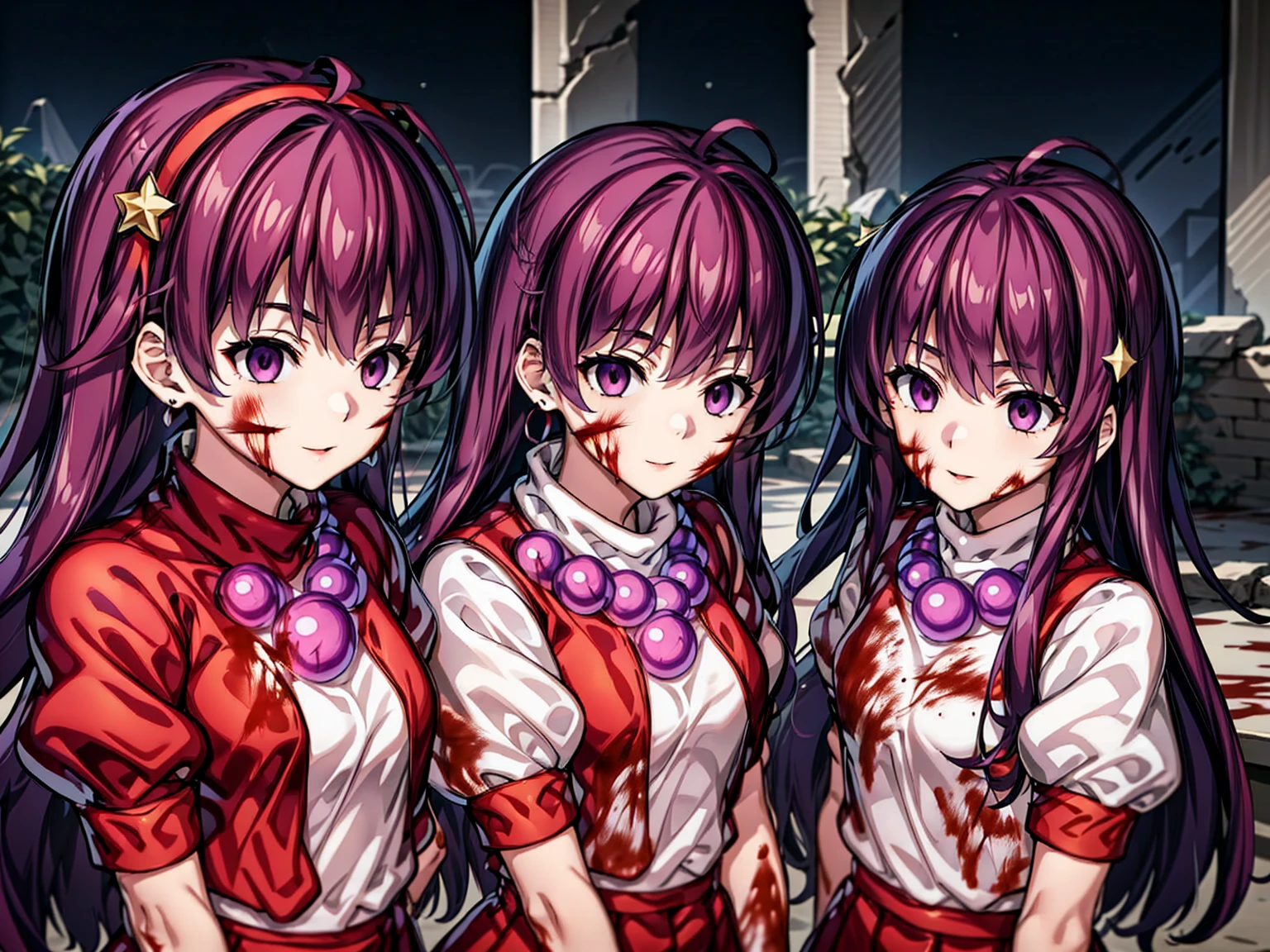 (masterpiece)、(highest quality)、(Very detailed)、Intricate details、Athena 97、(3 girls:1.6)、alone、Purple eyes、Purple Hair、Hair length、White Earrings、Red Hairband、Star hair ornament、Proper breathing、Red vest、White turtleneck、White puff sleeves、Short sleeve、Red pleated skirt、(Crimson Pantyhose:1.2)、Black Pantyhose、Yellow Belt、Purple sphere necklace、Red fingerless gloves、White short socks、Red Shoes、Wicked Smile、Browsing Caution、In the ruins、Anime Style、(Blood on my face:1.6)、(Preparing for battle:1.2)、Contains Hypnolol、
Hollow Eyes、whole body, Looking at the audience,