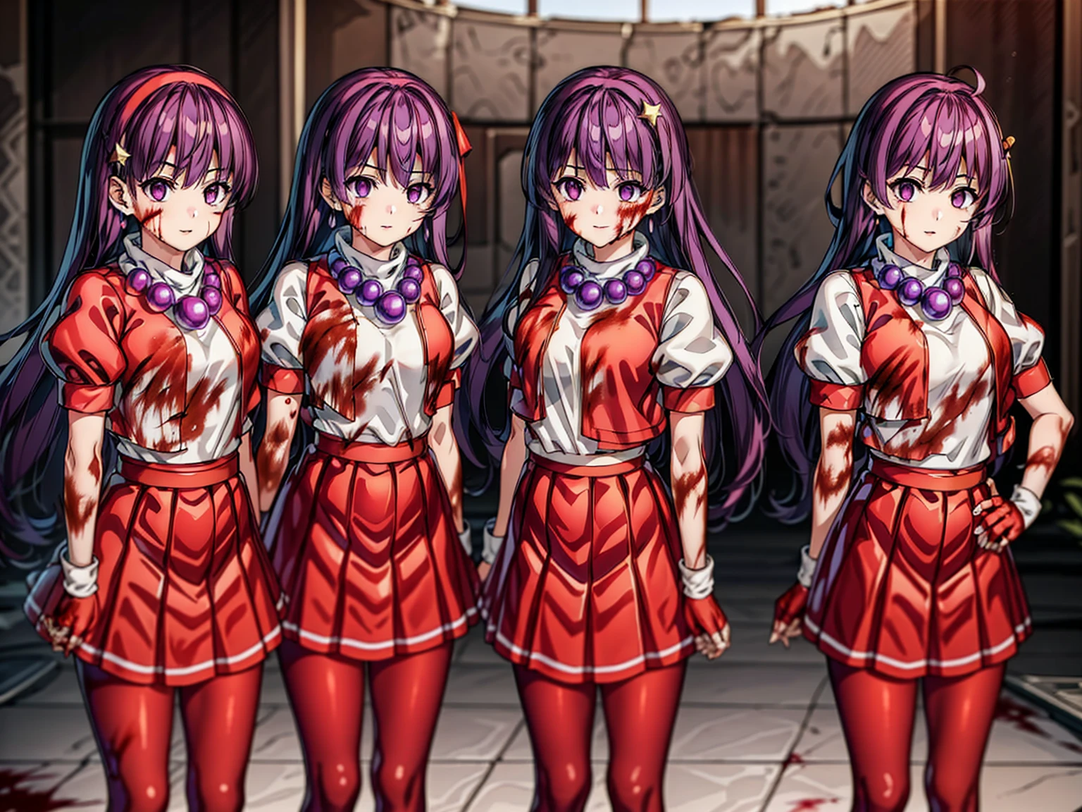 (masterpiece)、(highest quality)、(Very detailed)、Intricate details、Athena 97、(3 girls:1.6)、alone、Purple eyes、Purple Hair、Hair length、White Earrings、Red Hairband、Star hair ornament、Proper breathing、Red vest、White turtleneck、White puff sleeves、Short sleeve、Red pleated skirt、(Crimson Pantyhose:1.2)、Black Pantyhose、Yellow Belt、Purple sphere necklace、Red fingerless gloves、White short socks、Red Shoes、Wicked Smile、Browsing Caution、In the ruins、Anime Style、(Blood on my face:1.6)、(Preparing for battle:1.2)、Contains Hypnolol、
Hollow Eyes、whole body, Looking at the audience,
