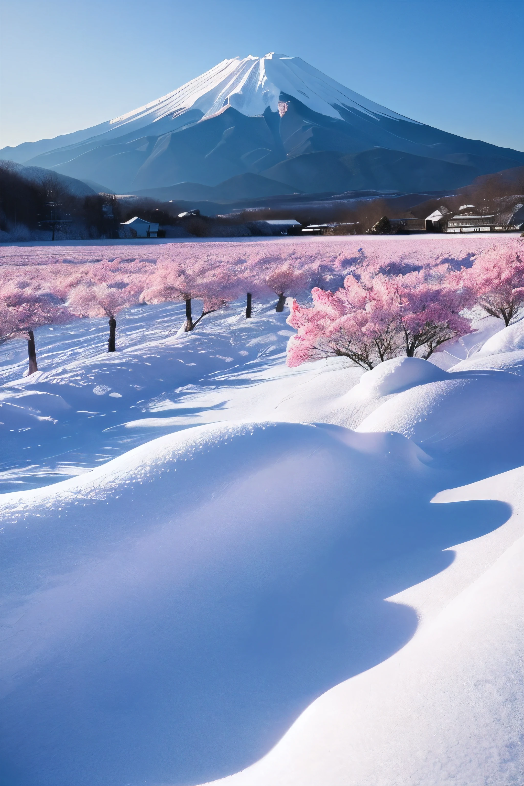 Fuji Mountain、pink、Snow-covered