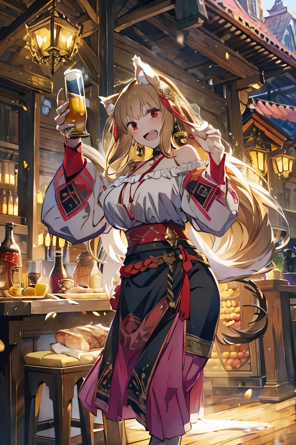 (masterpiece, best quality, dynamic lighting), 1 woman, The Wolf and the Hall of Incense, laugh, open your mouth , looking at viewer, long skirt, skirt, long sleeves, waving,cute,strapless,bare shoulders,tail wagging,meat in left hand,Beer glass in right hand,large oak beer mug,full of bubbles,night,medieval village,festival