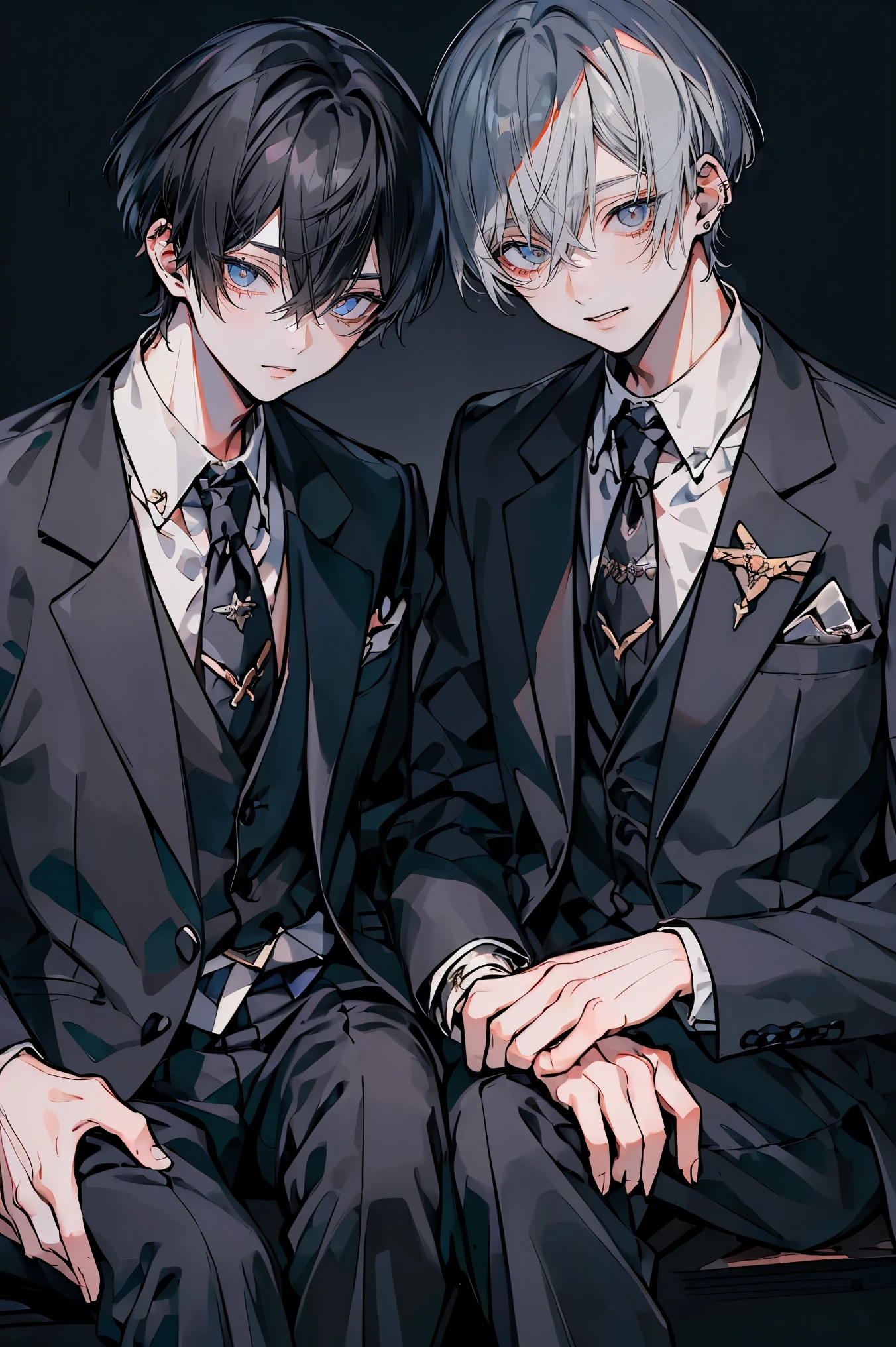 (Mastepiece)、(Best Quality)、Very detailed、((Two close boys:1.5))、Perfect Face、Beautiful Face、Very detailedな顔、4K、8K、(Black-haired man:1.3)、(Grey-haired man:1.3)、suit、(smile:1.2)