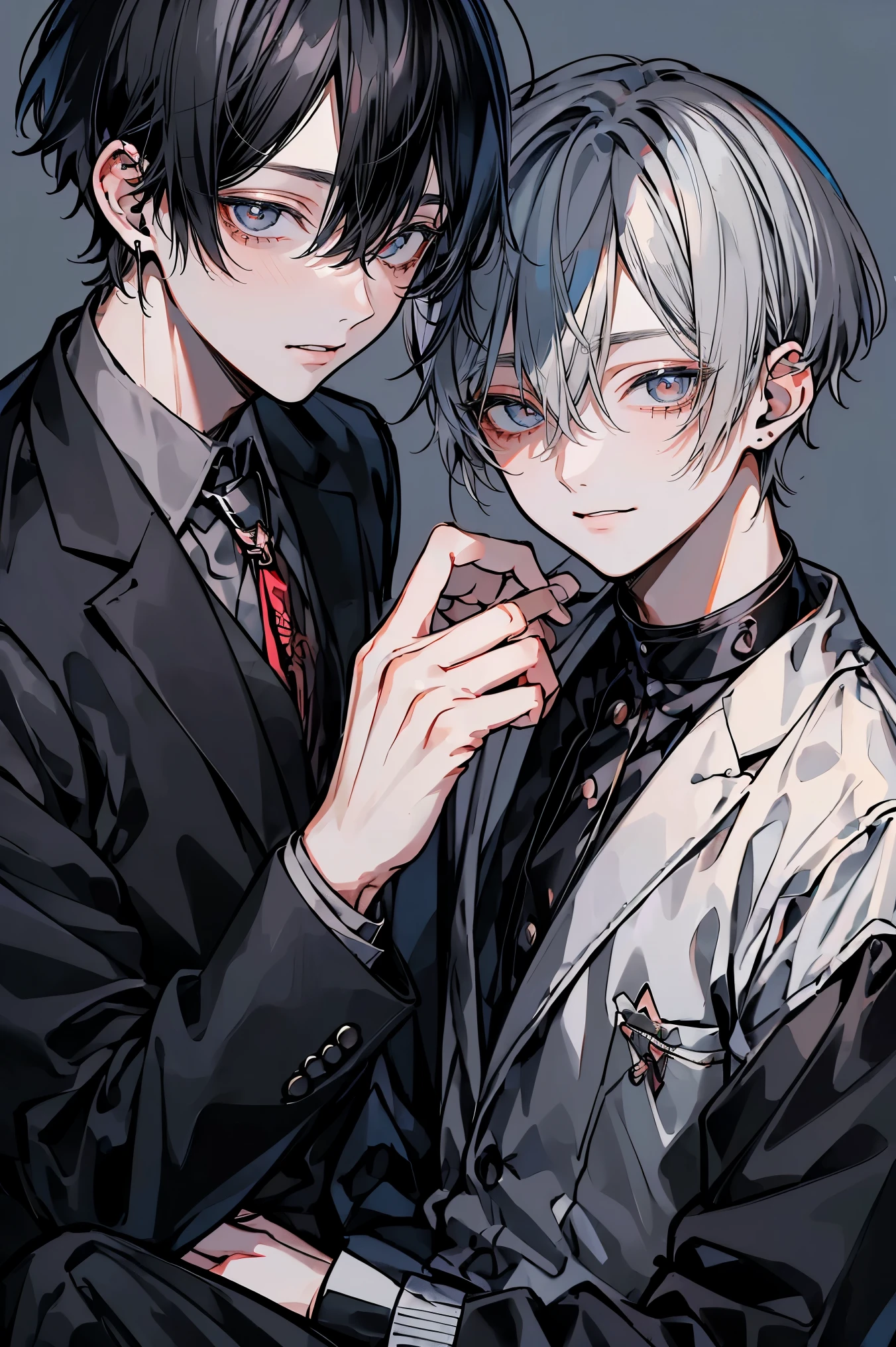 (Mastepiece)、(Best Quality)、Very detailed、((Two close boys:1.5))、Perfect Face、Beautiful Face、Very detailedな顔、4K、8K、(Black-haired man:1.3)、(Grey-haired man:1.3)、suit、(smile:1.2)