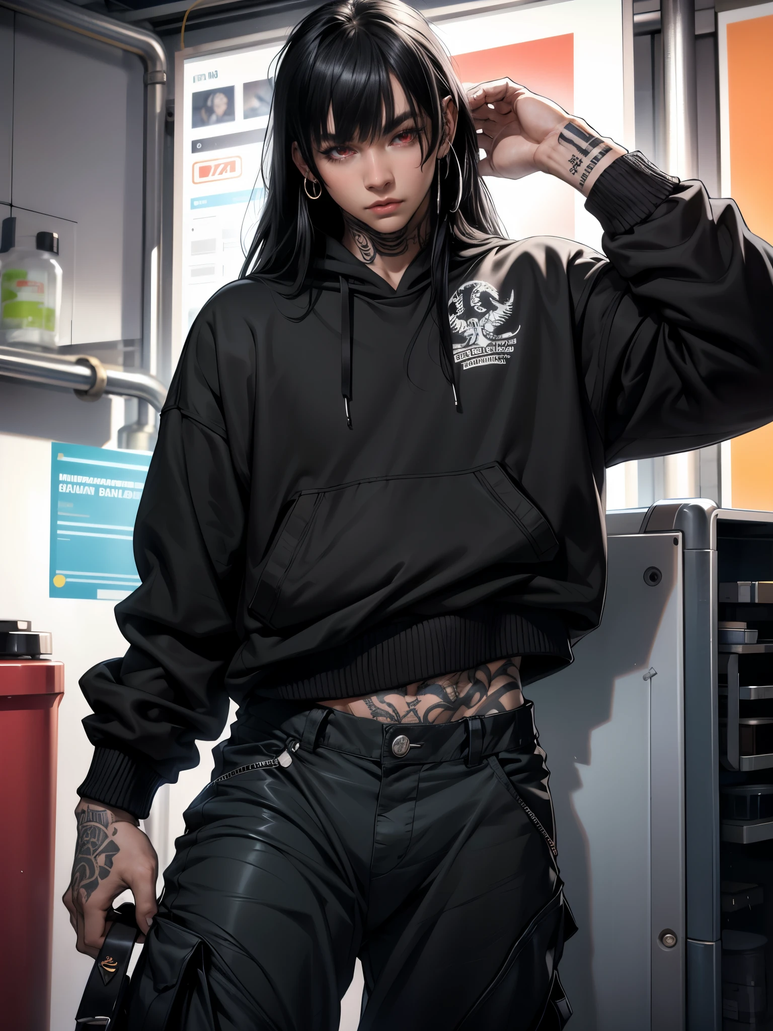 a photo of Henrik Sanyi, he is a delicate 20-year-old boy, fair skin, long black hair with bangs, piercings, tattoos, thick thighs, wearing a crepe sweatshirt, cargo pants, looking at the camera 