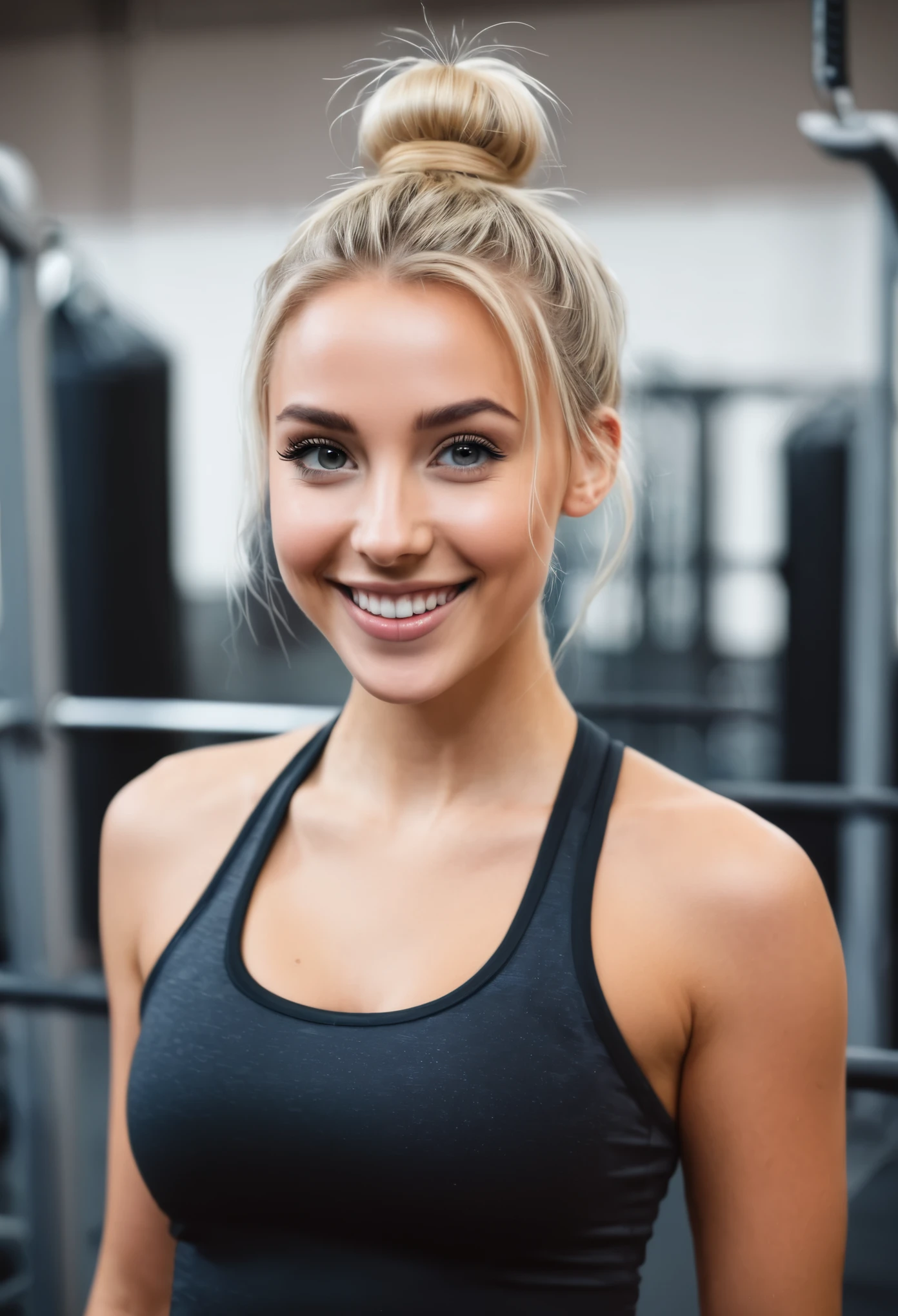 an eye contact of a blond with bun hair and dark theme in gym with smile