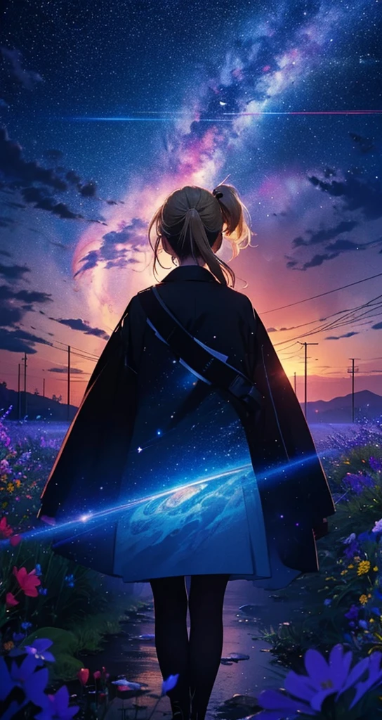 1people々々々,Blonde ponytail female angel,Long coat, Dress Silhouette, Rear View,Space Sky, Flower Field,Colorful flowers