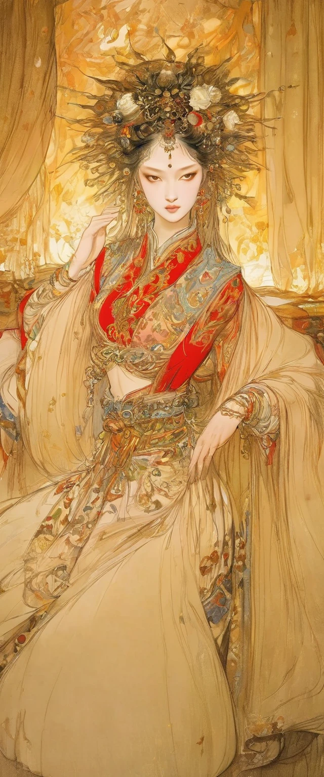 (masterpiece, best quality:1.2), elegant girl, striking pose, exquisite detailed features, piercing eyes, sharp nose, sensual lips, ornate clothing, symmetrical composition, cinematic lighting, dramatic chiaroscuro, rich color palette, high contrast, digital art, photorealistic，xianxia