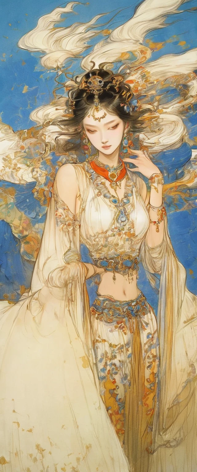 (masterpiece, best quality:1.2), elegant girl, striking pose, exquisite detailed features, piercing eyes, sharp nose, sensual lips, ornate clothing, symmetrical composition, cinematic lighting, dramatic chiaroscuro, rich color palette, high contrast, digital art, photorealistic，xianxia