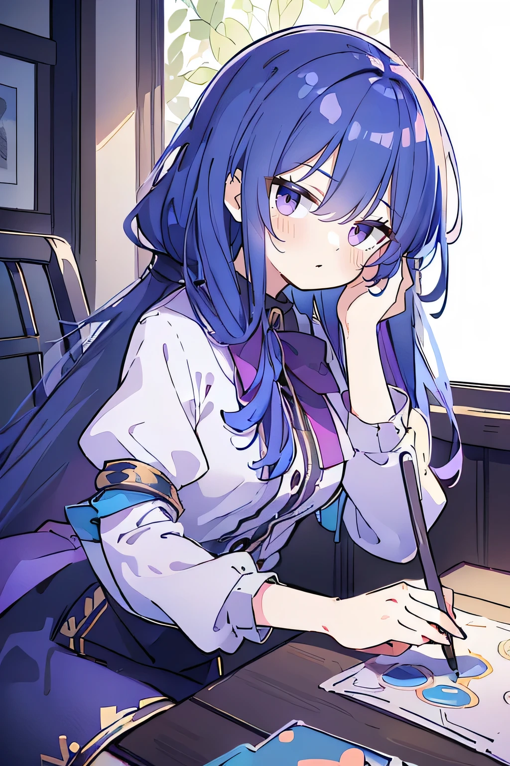 (Best Quality: 1.3), (Masterpiece: 1.3), (Illustration: 1.3), (Ultra Detailed: 1.3), (Imide Lens: 0.9), 1girl, Medium Breasts, Purple Eyes, ((Dark Blue Hair) ), young, clothing-gladiia,long hair, dark blue hair, indoors, black shorts, high socks, low ponytail, expressionless, upper body, close-up, coat, skirt,