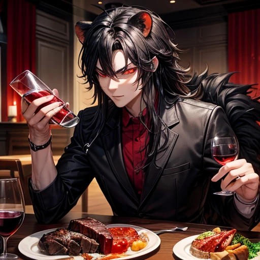Lion, Black Hair, Red eyes, wing, Very monstrous Powerful Warrior Eat steak wine glass with red wine restaurant dinner