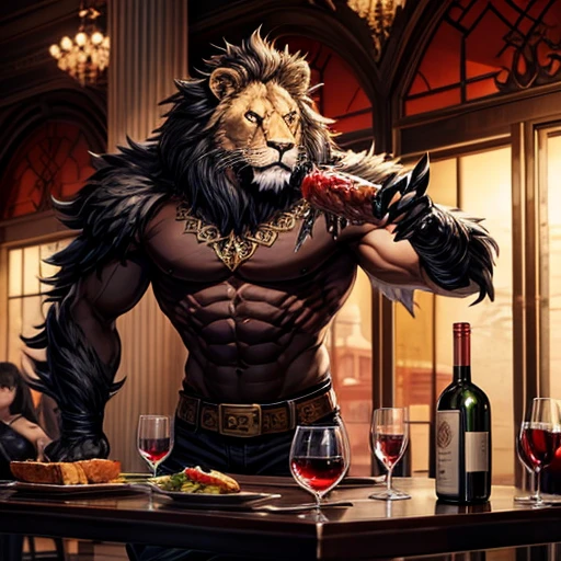 Lion, Black Hair, Red eyes, wing, Very monstrous　Powerful Warrior　Eat steak　wine glass with red wine　restaurant　dinner