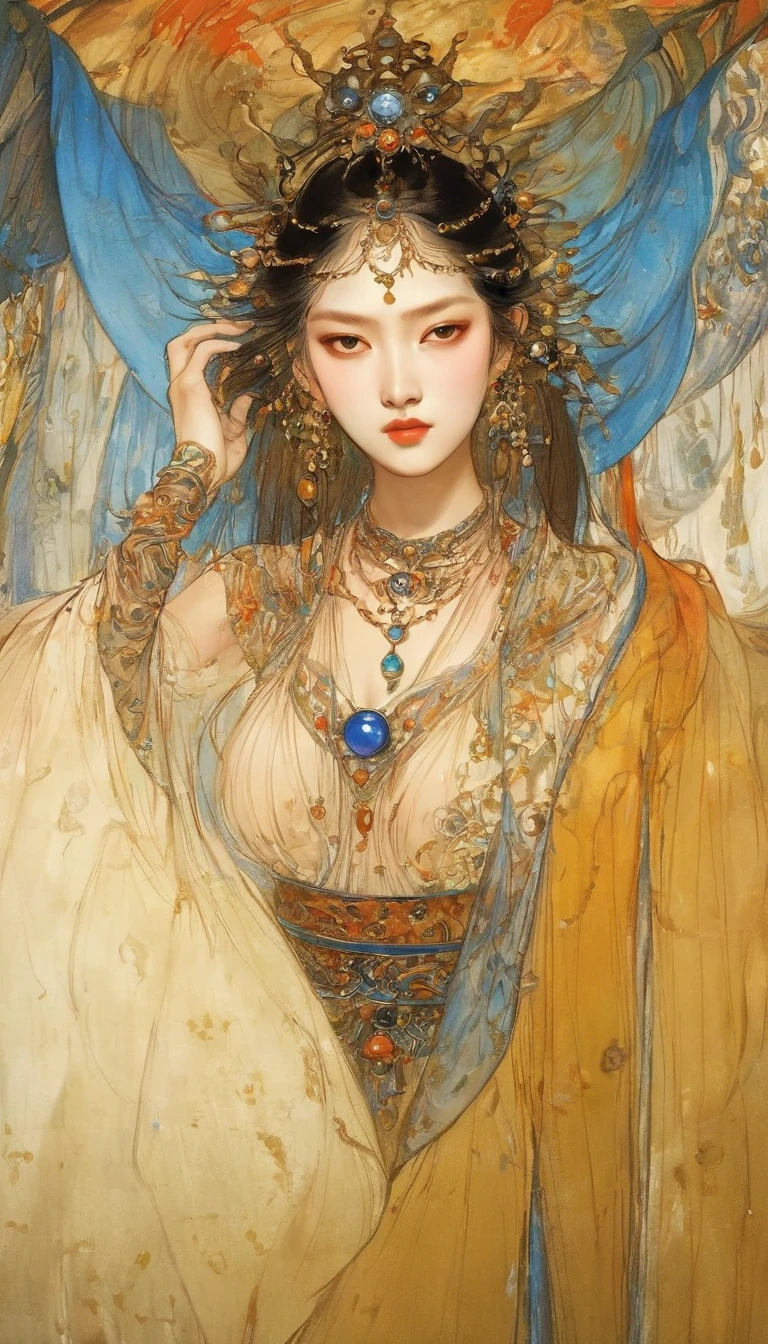 (masterpiece, best quality:1.2), elegant girl, striking pose, exquisite detailed features, piercing eyes, sharp nose, sensual lips, ornate clothing, symmetrical composition, cinematic lighting, dramatic chiaroscuro, rich color palette, high contrast, digital art, photorealistic，xianxia