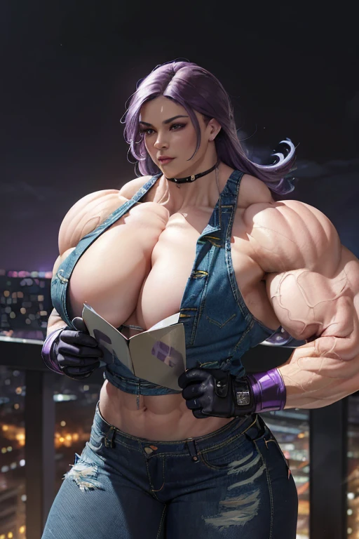 (((((Massive, beautiful, buff, pale white skinned muscular woman with violet purple hair, ginormous bulky muscles, doing beautiful poses and wearing a black Long-sleeved cropped denim jacket with tight denim jeans))))), (close view), (massive muscles), hyper muscles, (long hair with long bangs), (((black halter top))), (black halter top), black eyes, choker, ((((cropped denim jacket)))), ((cropped denim jacket)), (gloves), gloves, black boots, (in the Darkened city), closed smile, night, ginormous muscles