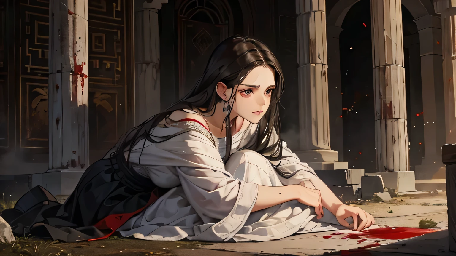 woman with dark hair in ancient greek dress killed her children!!! she is sad! blood on her. dark scene. top quality