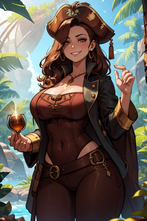 A brown haired woman with copper eyes and an hourglass figure in a pirate's outfit is holding a gold coin in the light in the jungle with a big grin
