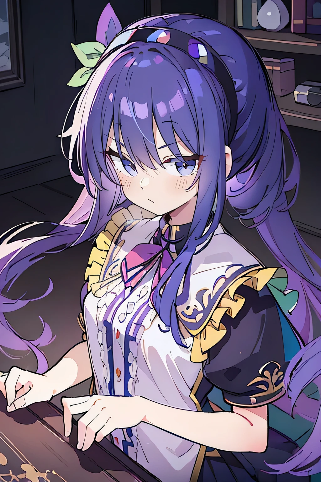 (Best Quality: 1.3), (Masterpiece: 1.3), (Illustration: 1.3), (Ultra Detailed: 1.3), (Imide Lens: 0.9), 1girl, Medium Breasts, Purple Eyes, ((Dark Blue Hair) ), hair accessories, young, clothing-gladiia, long hair, dark blue hair, indoors, black shorts, high socks, low ponytail, expressionless, upper body, close-up, coat, skirt,