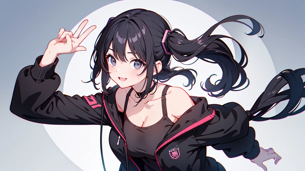 masterpiece,anime style,chibi,sexy girl,black hair,shoulder length hair with two pigtails,black jacket,with headphones,lo fi background,smiling,big breasts,listening to music,waiting on the right side of the image,