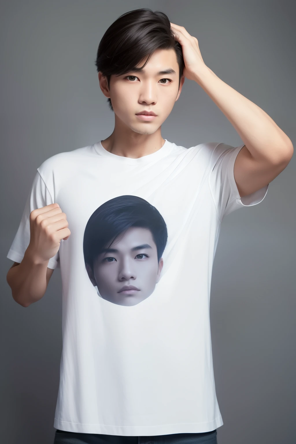 Real photos, ultra-high resolution (photorealistic:1.4), Taiwanese boys, individual, dressed neatly, wearing a T-shirt that captures attention, inspired by Wasting Time, with a strong, chiseled jawline and wavy, styled black hair. Solid background highlights the T-shirt's unique design, featuring bold, minimalist typography. The boys exhibit a confident, slightly mysterious aura that makes you want to pause and take notice. Strong personality radiates from each image, capturing the essence of youthful charisma. Best quality, 8K, masterpiece:1.2.