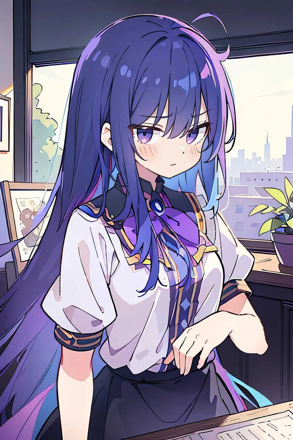 (Best Quality: 1.3), (Masterpiece: 1.3), (Illustration: 1.3), (Ultra Detailed: 1.3), (Imide Lens: 0.9), 1girl, Medium Breasts, Purple Eyes, ((Dark Blue Hair) ), young, clothing-gladiia,long hair, dark blue hair, indoors, black shorts, high socks, low ponytail, expressionless, upper body, close-up, coat, skirt,