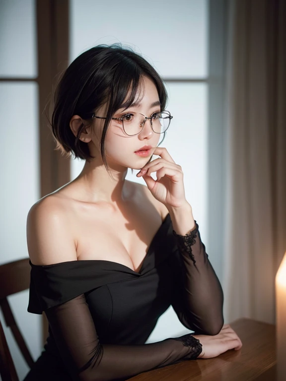 Beautiful young woman sitting at a table in the dark, Wearing an off-the-shoulder dress, Her short hair frames her face, Immerse yourself in the cold, Dramatic lighting that creates deep shadows, Realistic, high-resolution RAW photos showcasing her seductive and glamorous look, Two arms, 5 fingers per hand