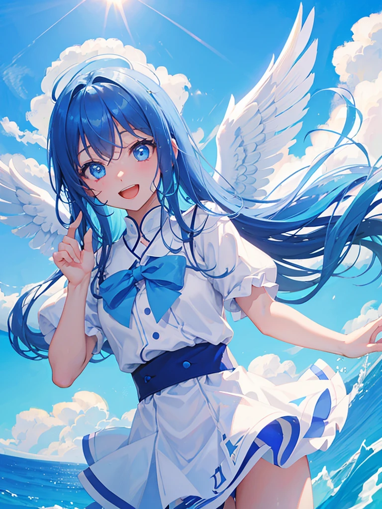 blue sky、Angel wings grow、One girl、Blue Hair、The color of both eyes is different、Open mouth smile、Highest品質, High definition, Ultra-fine, Highest_detailed