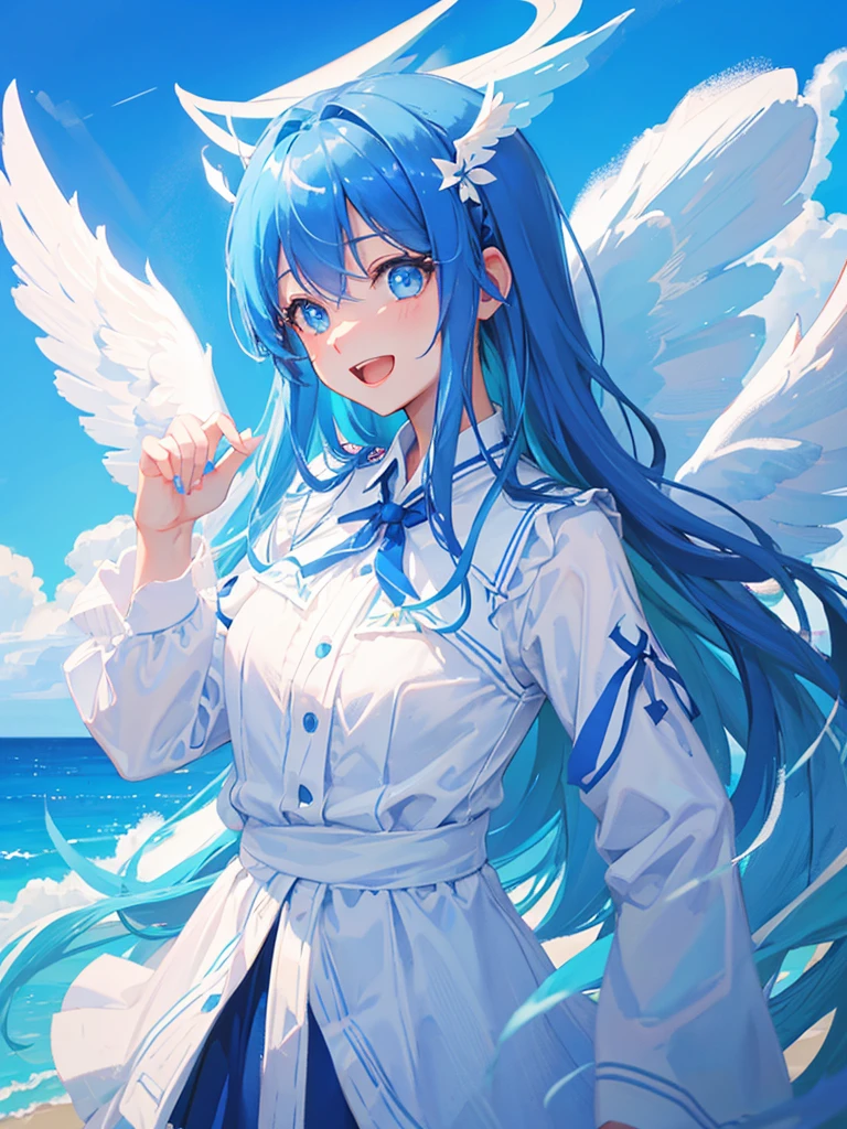 blue sky、Angel wings grow、One girl、Blue Hair、The color of both eyes is different、Open mouth smile、Highest品質, High definition, Ultra-fine, Highest_detailed