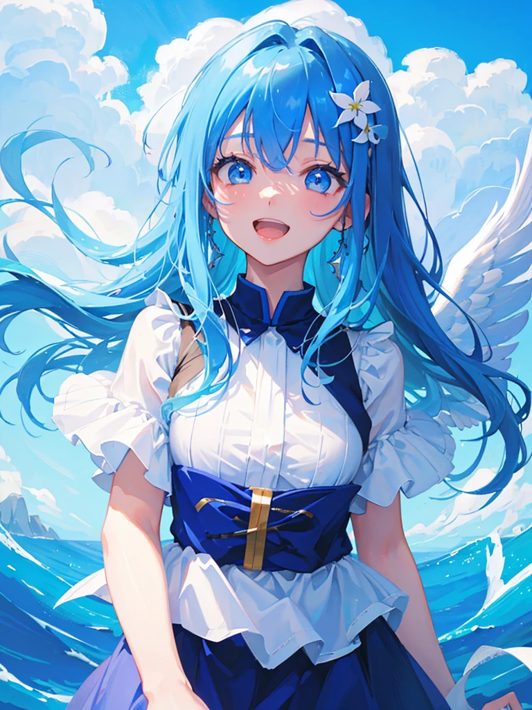 blue sky、Angel wings grow、One girl、Blue Hair、The color of both eyes is different、Open mouth smile、Highest品質, High definition, Ultra-fine, Highest_detailed