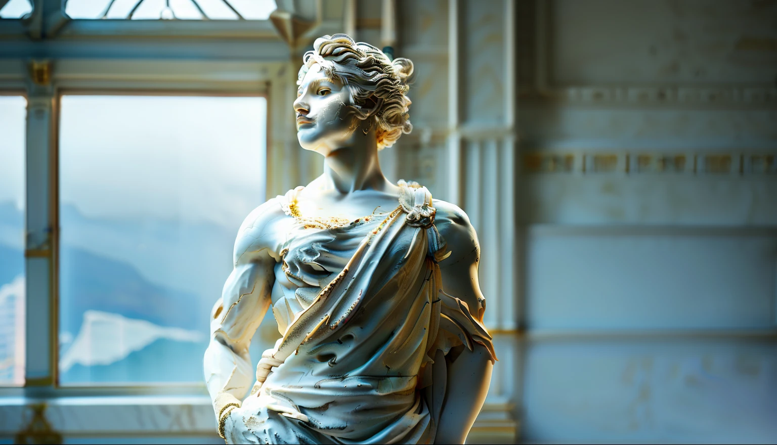 (statue),A man,white sculpture,Tights,(White plaster texture),Practical,Solitary,Clean background,masterpiece,Extreme details,HD,statue,sculpture,Systematic,perspective lens,indoor,window,Photo Frame,striped jumpsuit,Broken wooden stick,Chinese Architecture,Mountain,