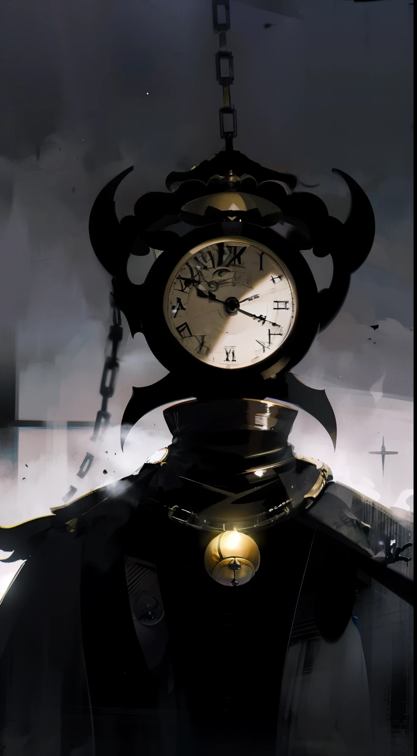 1 person, masterpiece, Black clock head, Black Robe, wearing the clothes of a Dark priestest, Advanced Details, 4K, Close-up of a break, No humans, Cinematic, dramatic,Contrast, , night,fog, wallpaper, Mysterious, Digital Art, Has a bell