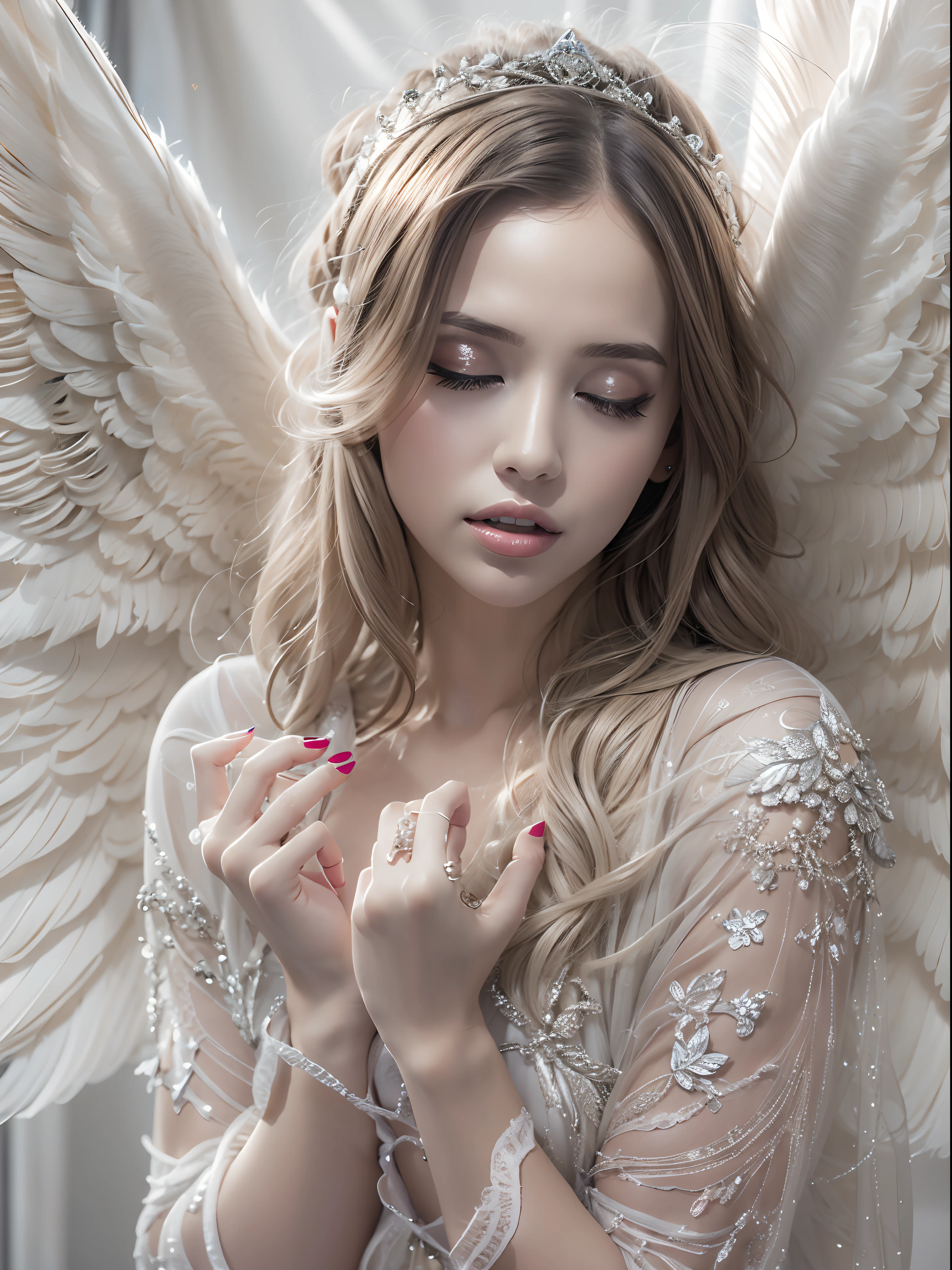 Ultra-realistic, Angel, Transparent clothes, Fair skin, Wings covering her body, Cover your face with both hands