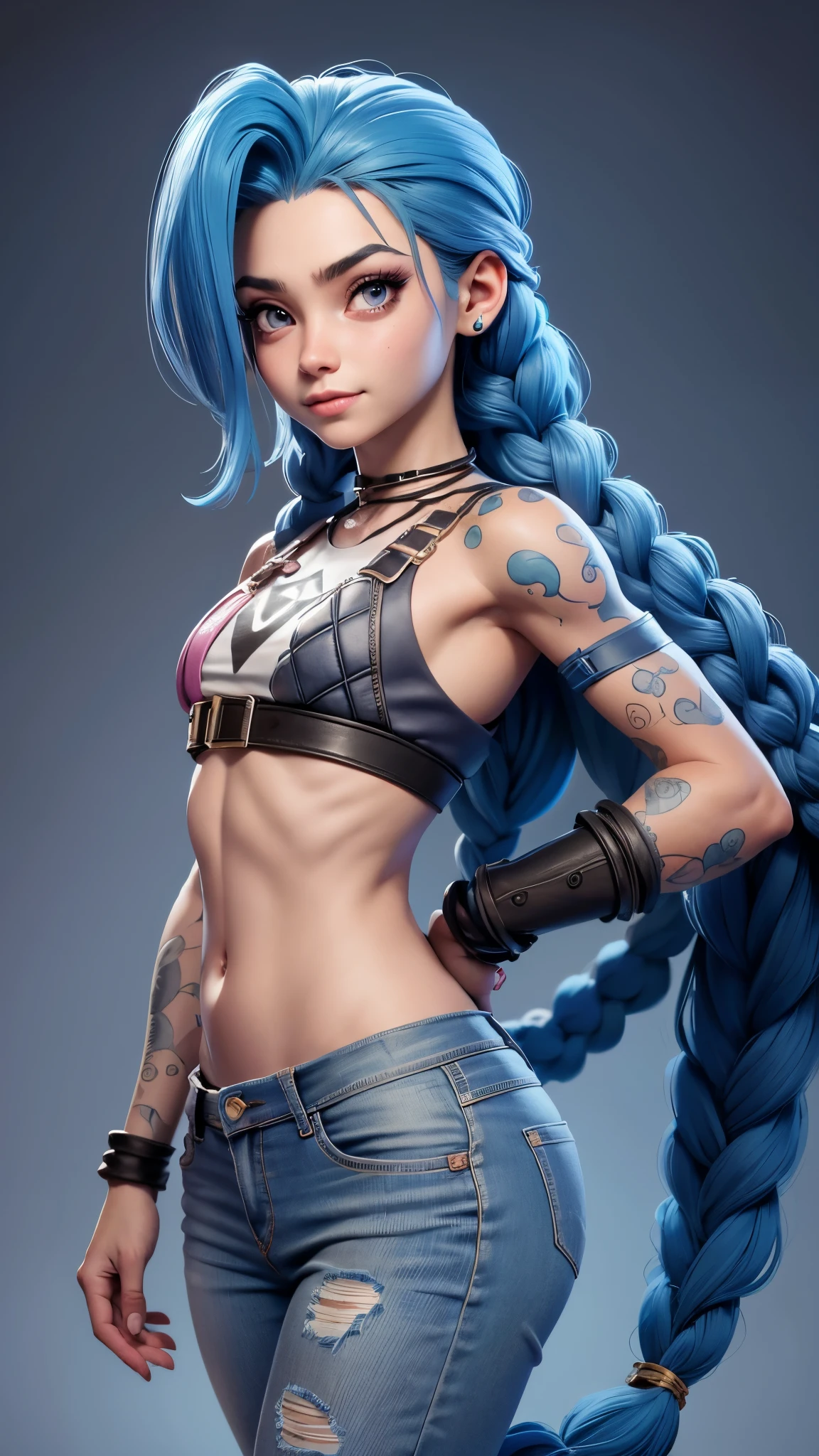 J3dmm, Obra-prima, alta qualidade melhor qualidade, 1 garota, hair with two long braids, pelo azul, young female, 18 anos, 1 garota, Sozinho, olhando para o espectador, Olhos cor-de-rosa detalhados, umbigo, Nome do personagem, olhando para o espectador, Ao ar livre, tattoo on arm, tatuagem na barriga, tight blue jeans , Seios pequenos.