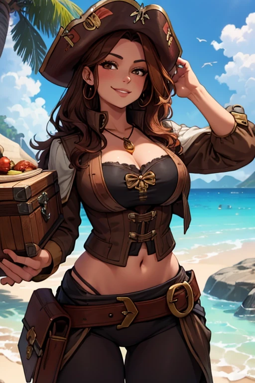 A brown haired woman with copper eyes and an hourglass figure in a pirate's outfit is carrying a treasure chest with a big smile on the bech
