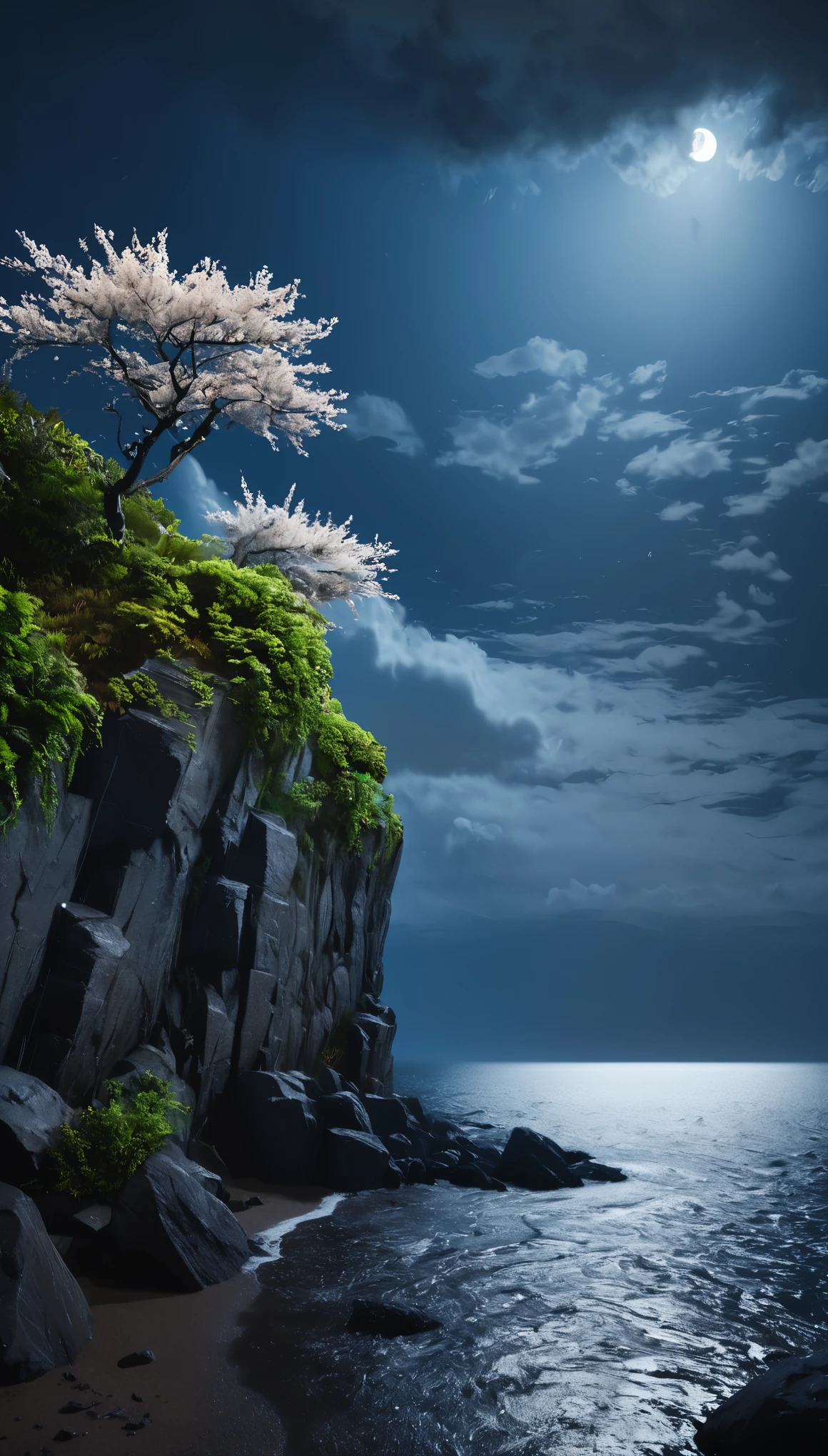 Nice views,森の風景写真 自然のプロフェッショナルなhigh qualityデジタル写真,Rainy night,Moonlit spring flower bushes,Cliff,water,Megaliths of various shapes,Foggy sky,Traces of Rain,Nightmare vision,Dark fantasy plot,Perfect and well-constructed,8K resolution,detailed,Ultra-wide-angle long-distance shooting,Simple and beautiful,Minimalist,Noir+white+Ash+Blue tones,Environmental art photography by Jack Guzman,Realistic,Vibrancy, detailed, Beautiful sky,Colorful clouds float, 最high quality, high quality, More ridiculous,Unattended background,It is very detailed;、detailedな光の影,ArtStation Trends、Complex、higly detailed、dramatic、(Volumetric lighting:1.2)HDR shot。(Ultra Vision+Super thorough review+Ultra-wide-angle lens:1.2)(Realistic:1.4)masterpiece、high quality、beautiful photo、Global Illumination