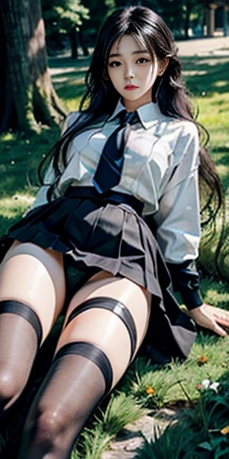 Realistic, High resolution, Soft Light,1 Female, alone, Hip Up, Displaying the viewer, (Detailed face), Long Hair, Lying on the grass, View from below, Showing panties, See panties, secretary_uniform, Black Skirt, pantyhose, tattoo, jewelry