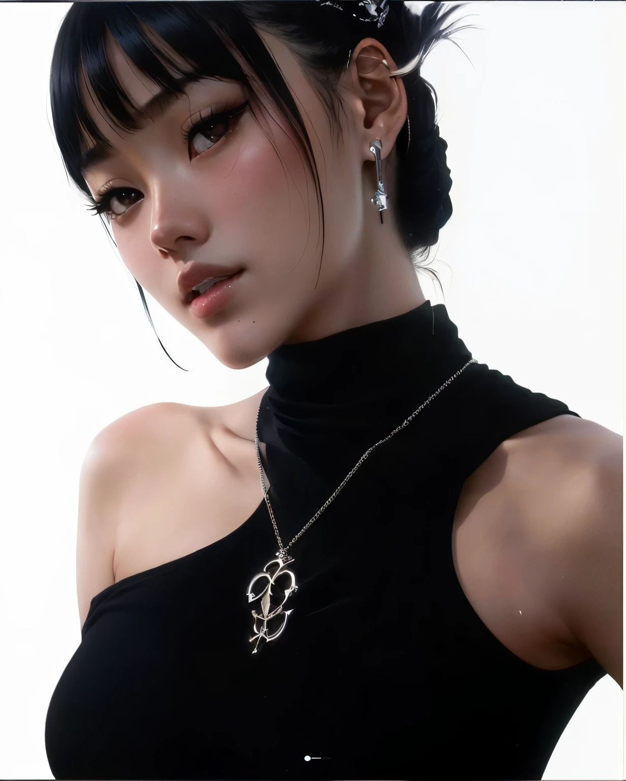 arafed woman in a black top with a silver necklace and a black choke, cyber necklace, ad image, paru itagaki, kiko mizuhara, gemma chen, photo of a hand jewellery model, masami suda, leaked image, official product photo, lulu chen, editorial photo from magazine, eiko ishioka, necklace