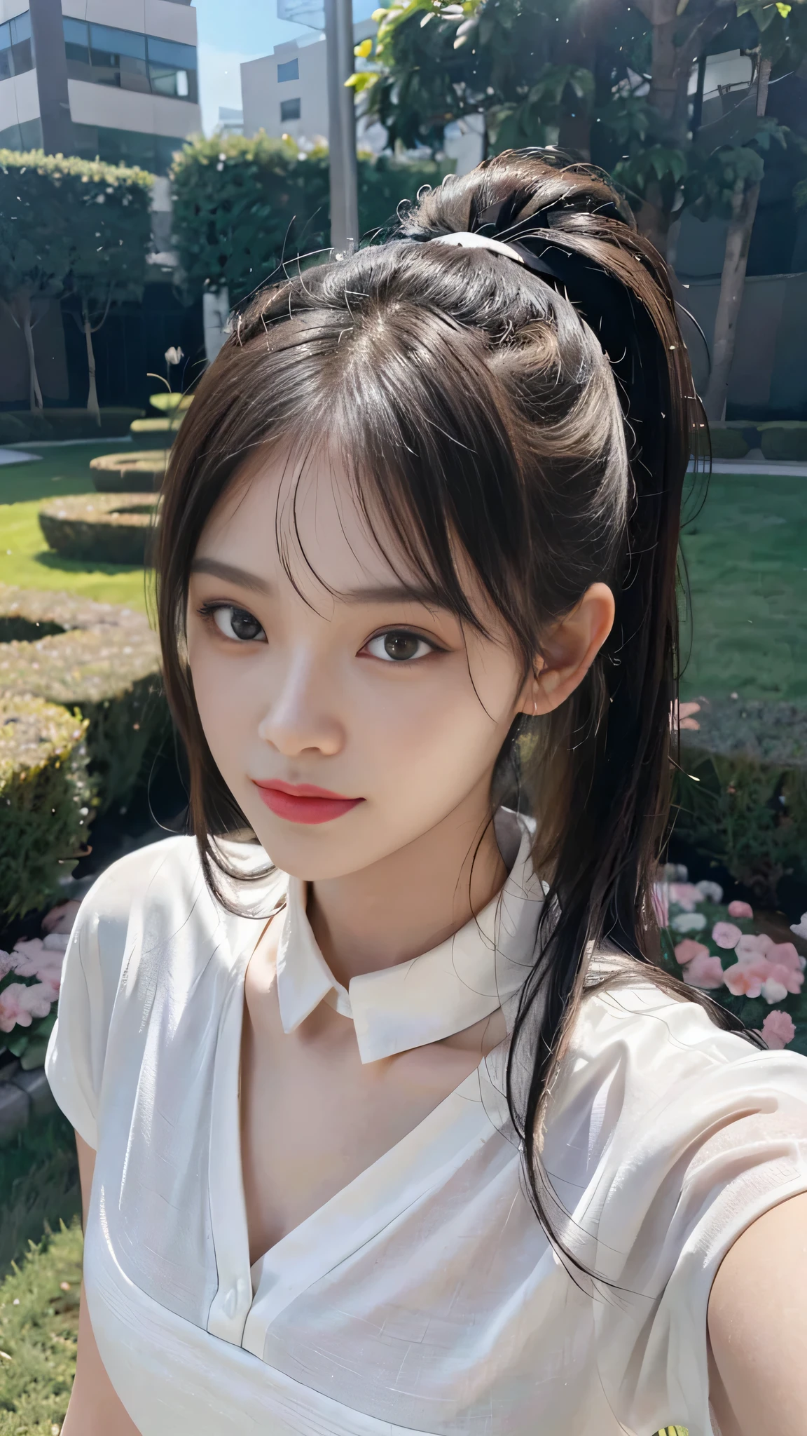 White shirt with collar,outdoors,Urban Park,On the lawn,Close up face,One woman,masutepiece, The highest image quality, High quality, the background is clear,Beautiful woman, Japanese,Ultra-detailed, finely detail, hight resolution, 8K Wallpaper, Perfect dynamic composition, Beautiful detailed eyes , Detailed, Detailed eyes, Detailed skin, Beautiful skin, 超hight resolution, (reality: 1.4),Very beautiful woman, Slightly younger face, Beautiful skin, slender, (Ultra photo realsisim), (hight resolution), (8K), (Very detailed) (beautifully detailed eyes), (super detailed), (Detailed face), view the viewer, Fine details, Detailed face, Staring straight ahead, Staring straight ahead, photos realistic, Bright lighting, Professional Lighting, Black hair,poneyTail,a baby face,fourteen years old,Hairstyle: ponytail,Long ponytail hairstyle,slight smile,neat and tidy clothing,Beautiful Japanese KPOP idol photo, hair style is ponytail, my eyes are double and wide, baby face, smile and look straight ahead, slender, small breasts,Close up face,