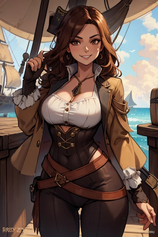 A brown haired woman with copper eyes and an hourglass figure in a pirate's outfit is getting on a pirate ship with a big smile. 