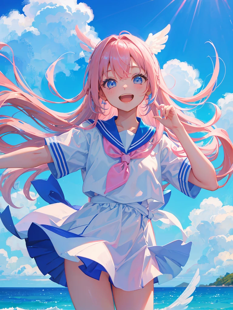 blue sky、Angel wings grow、One girl、Pink Hair、Odd Eye、Blue Sailor Suit、Open mouth smile、Highest品質, High definition, Ultra-fine, Highest_detailed