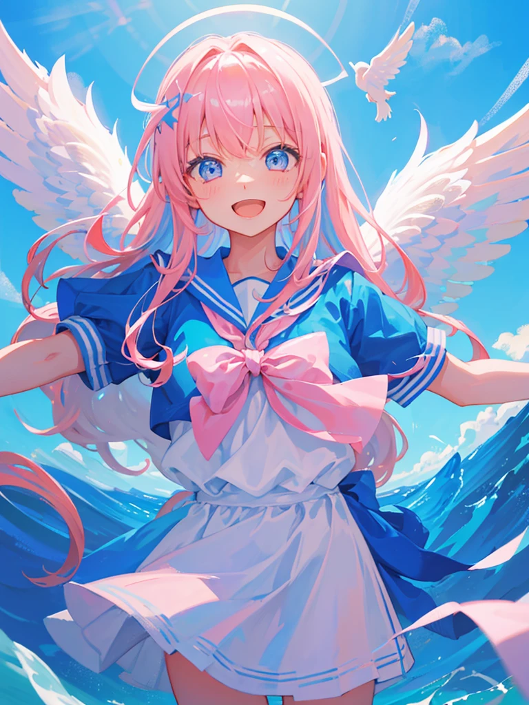 blue sky、Large angel wings growing、One girl、Pink Hair、Odd Eye、Blue Sailor Suit、Open mouth smile、Highest品質, High definition, Ultra-fine, Highest_detailed