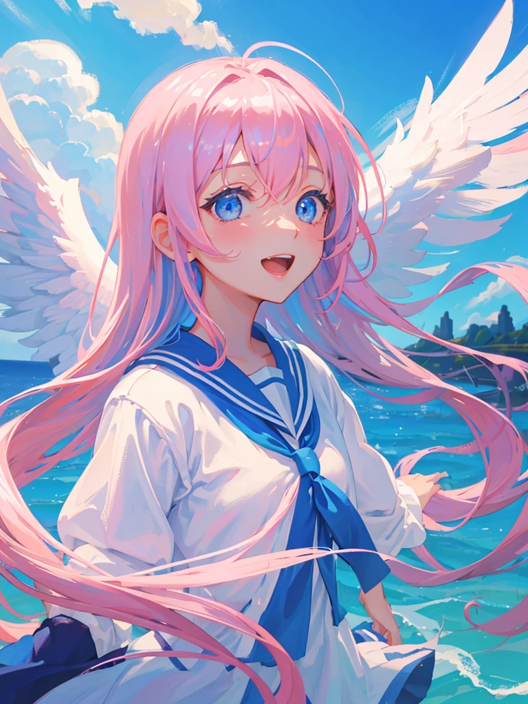 blue sky、Large angel wings growing、One girl、Pink Hair、Odd Eye、Blue Sailor Suit、Open mouth smile、Highest品質, High definition, Ultra-fine, Highest_detailed