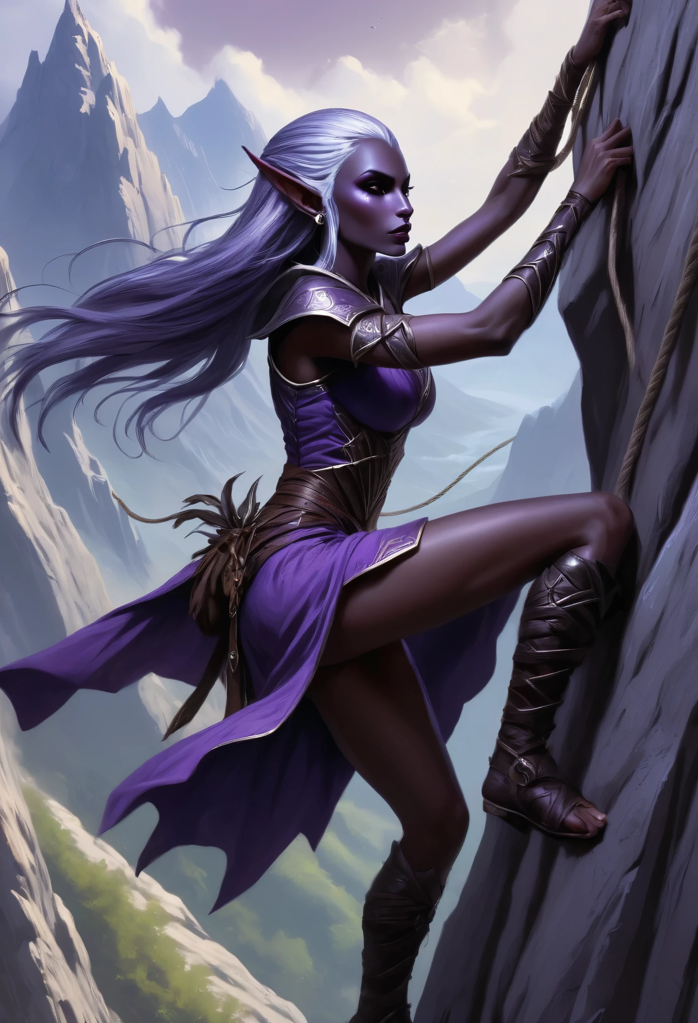 Close-up shot of a woman in a purple dress climbing a mountain,rock climbing，rope，solo，Push upward， Noah Bradley (Noah Bradley) Inspiring Portraits, cg Social Hotspot, Fantasy Art, Drow, perfect Drow, female Drow elf, Drow ranger, Dark Elves maiden, handsome Drow, Dark Elves, beautiful Dark Elves countess, from Pathfinder, Dark Elves princess