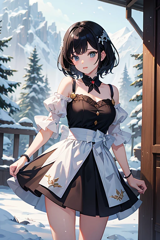 (Evil smile), (((A sexy dress inspired by snow, Gorgeous embroidery, Leather panties, skirt, Pantyhose, Stiletto heels, Chains on clothes))), ((Shiny Costumes)), ((skindentation)), skinny, solo, 1 woman, Masterpiece, highest quality, highest quality, 16K, incredibly absurd, highly detailed, 2.5D, ai-generated, delicate and dynamic, very delicate facial expressions, delicate eye depiction, erotic, only sexy woman, ((A cute and kind face)), healthy figure, ((2 woman)), 160cm tall, medium firm swaying bust, Dark Hair, blush, Sweat,Embarrassed,sexy, ((thin thighs)), shiny and lustrous, facing straight at viewer, (((in heat))), ((Oily_skin)), ((Lots of sweat)), (((Brown Skin))), ((dutch angle)), ((erotic pose)), (((Dynamic Pose))), ((Transparent and sparkling costume)), ((A gazebo in the middle of a beautiful snowy field)),