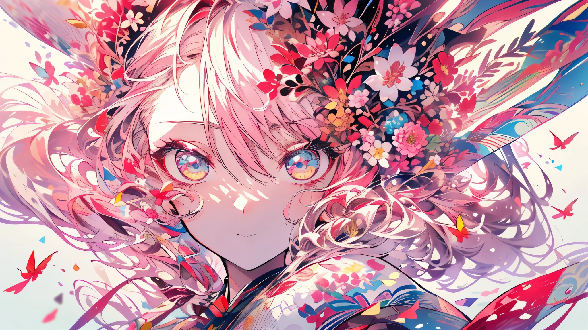(White Background:1.4),(White dirt road, Oriental elements)，(springの自然のイラスト:1.3，Paper Art:1.3, Quilting Paper Craft:1.2),( Streamlined Design, Clear lines, High sharpness,highest quality, Very detailed, Mesa, Cinematic lighting effects, 4K )(Cherry leaves、springの桜:1.0)、Many cherry blossoms fluttering down、Wind、With background、spring、girl looking to the left、Rose petals、A lot of cherry petals.、Very bright pink hair、length