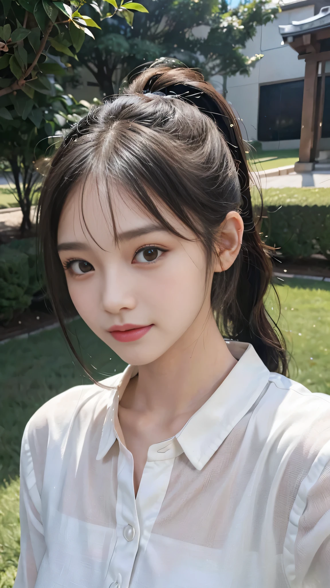 White shirt with collar,outdoors,Urban Park,On the lawn,Close up face,One woman,masutepiece, The highest image quality, High quality, the background is clear,Beautiful woman, Japanese,Ultra-detailed, finely detail, hight resolution, 8K Wallpaper, Perfect dynamic composition, Beautiful detailed eyes , Detailed, Detailed eyes, Detailed skin, Beautiful skin, 超hight resolution, (reality: 1.4),Very beautiful woman, Slightly younger face, Beautiful skin, slender, (Ultra photo realsisim), (hight resolution), (8K), (Very detailed) (beautifully detailed eyes), (super detailed), (Detailed face), view the viewer, Fine details, Detailed face, Staring straight ahead, Staring straight ahead, photos realistic, Bright lighting, Professional Lighting, Black hair,poneyTail,a baby face,fourteen years old,Hairstyle: ponytail,Long ponytail hairstyle,slight smile,neat and tidy clothing,Beautiful Japanese KPOP idol photo, hair style is ponytail, my eyes are double and wide, baby face, smile and look straight ahead, slender, small breasts,Close up face,