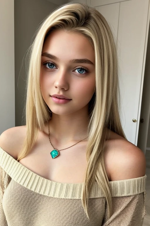 One Girl, 19 years old, alone, Long Hair, huge , View Viewer, Blonde, Exposing shoulders, Brown eyes, gem, whole body, necklace, Off the shoulder, sweater, Realistic, Sexy