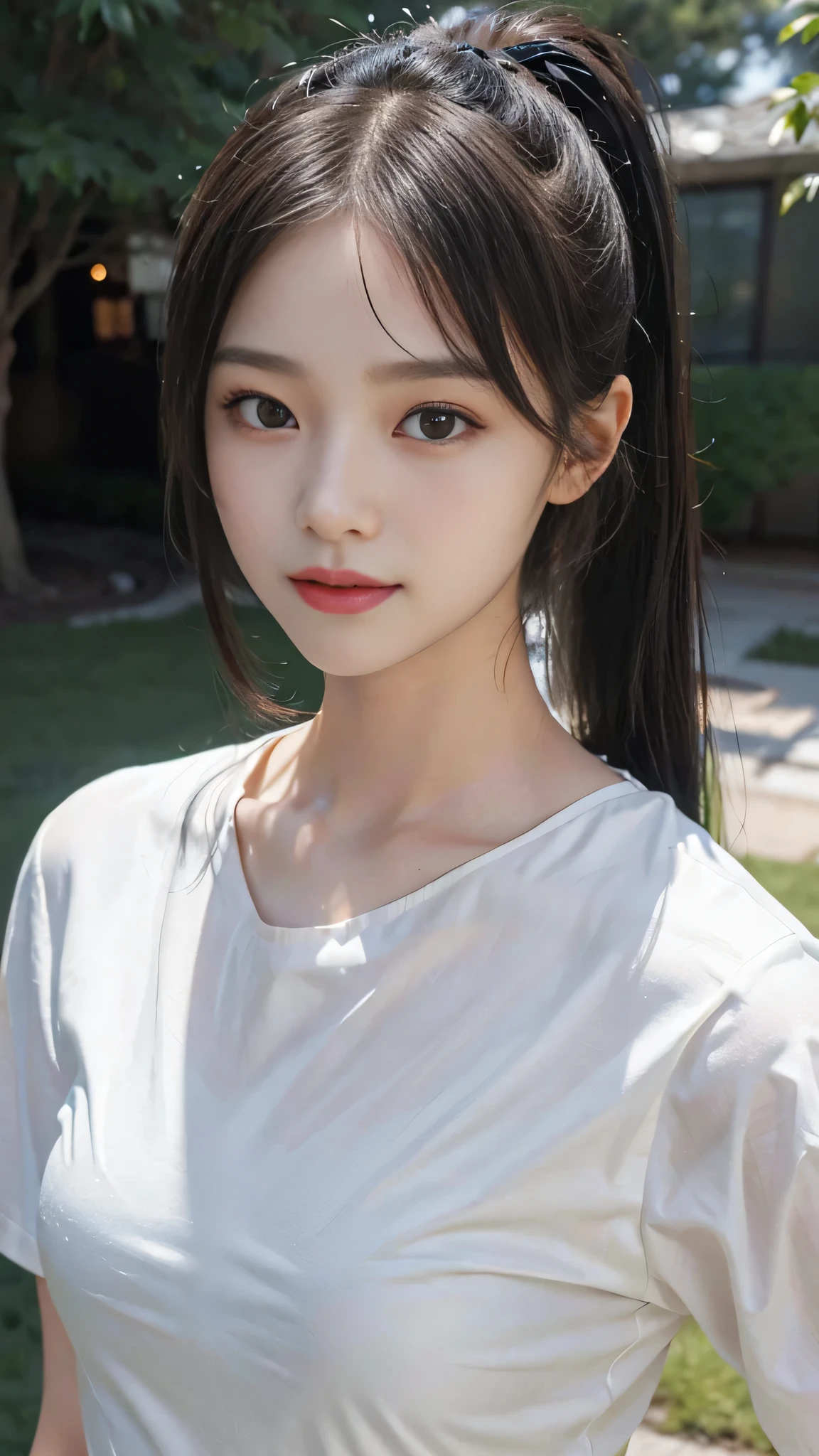 White shirt with collar,outdoors,Urban Park,On the lawn,Close up face,One woman,masutepiece, The highest image quality, High quality, the background is clear,Beautiful woman, Japanese,Ultra-detailed, finely detail, hight resolution, 8K Wallpaper, Perfect dynamic composition, Beautiful detailed eyes , Detailed, Detailed eyes, Detailed skin, Beautiful skin, 超hight resolution, (reality: 1.4),Very beautiful woman, Slightly younger face, Beautiful skin, slender, (Ultra photo realsisim), (hight resolution), (8K), (Very detailed) (beautifully detailed eyes), (super detailed), (Detailed face), view the viewer, Fine details, Detailed face, Staring straight ahead, Staring straight ahead, photos realistic, Bright lighting, Professional Lighting, Black hair,poneyTail,a baby face,fourteen years old,Hairstyle: ponytail,Long ponytail hairstyle,slight smile,neat and tidy clothing,Beautiful Japanese KPOP idol photo, hair style is ponytail, my eyes are double and wide, baby face, smile and look straight ahead, slender, small breasts,Close up face,