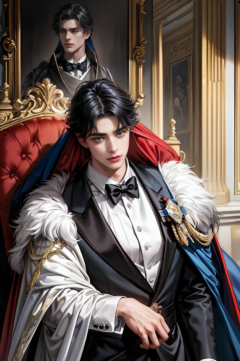 masterpiece, 最high quality, high quality, 1 boy, alone, Male focus, Watching the audience, Messy black hair, Adorable big blue eyes, White, Noble, Noble,Sexy voluminous cape、Tuxedo、A very voluminous, large, very large, very large, long, long red and black cape with a high stand-up collar, reaching down to the floor, made of a lot of fabric., 17 years old,Cute beautiful boys,Cute, cute, kind, handsome guy