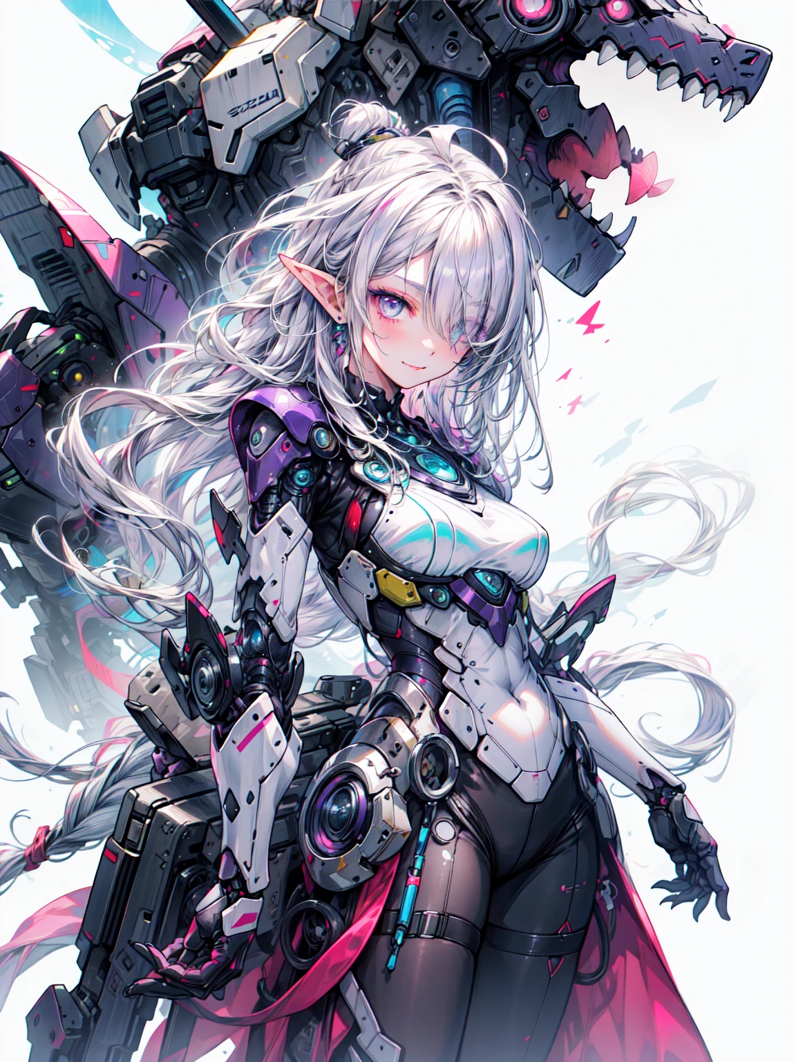 Posing woman with helicopter tattoo, Anime art style, Michael Cormark, Eerily Realistic, Not Goth, Jim Burns, Dark romantic illustration, Serzh Marshennikov、（Cowboy Shot:1.3）、Organic Armor Cyborg、Machinery Armor、break、（Dark Elf), (1 girl), alone, Perfect Face, Get used to it, Ahoge, ((Long Hair:1.2)), (Hair above one eye:1.3), [[Messy Hair]], Shiny blonde white hair, Purple eyes, Variegated eyes, Colorful Hair, Shining Eyes, (eyelash, eye shadow, pink eye shadow), bright, smile, design art by Mikimoto Haruhiko, by Kawashi, by Yoshitaka Amano