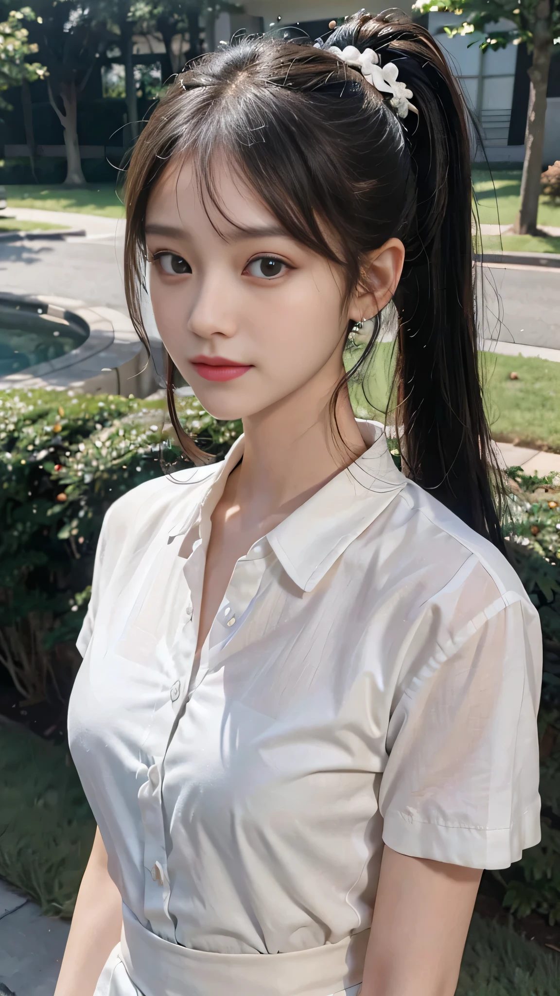 White shirt with collar,outdoors,Urban Park,On the lawn,Close up face,One woman,masutepiece, The highest image quality, High quality, the background is clear,Beautiful woman, Japanese,Ultra-detailed, finely detail, hight resolution, 8K Wallpaper, Perfect dynamic composition, Beautiful detailed eyes , Detailed, Detailed eyes, Detailed skin, Beautiful skin, 超hight resolution, (reality: 1.4),Very beautiful woman, Slightly younger face, Beautiful skin, slender, (Ultra photo realsisim), (hight resolution), (8K), (Very detailed) (beautifully detailed eyes), (super detailed), (Detailed face), view the viewer, Fine details, Detailed face, Staring straight ahead, Staring straight ahead, photos realistic, Bright lighting, Professional Lighting, Black hair,poneyTail,a baby face,fourteen years old,Hairstyle: ponytail,Long ponytail hairstyle,slight smile,neat and tidy clothing,Beautiful Japanese KPOP idol photo, hair style is ponytail, my eyes are double and wide, baby face, smile and look straight ahead, slender, small breasts,Close up face,