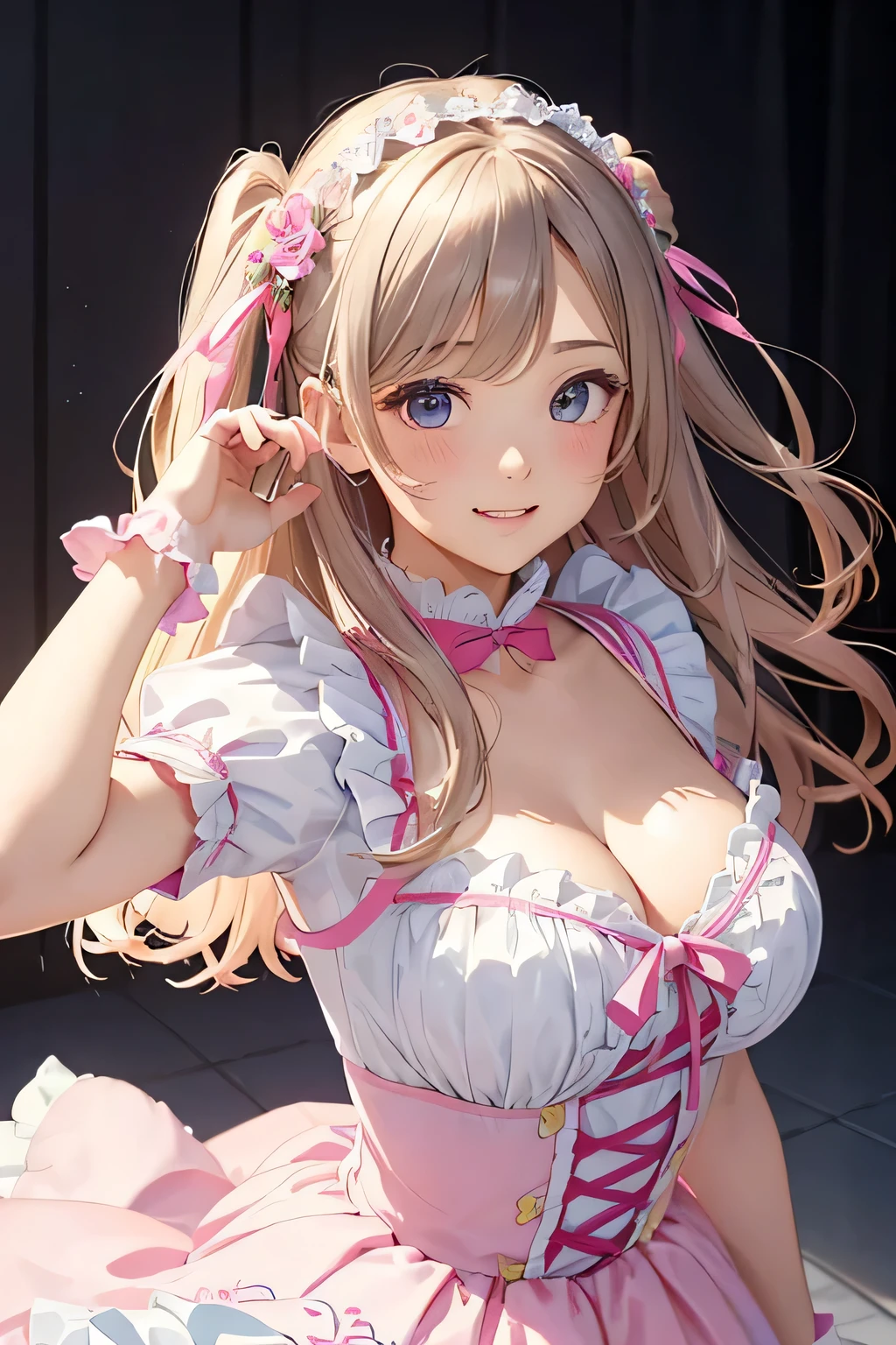 masterpiece, best quality, highres, hs1, light pink eyes, bare shoulders, long sleeves, cleavage, (blonde hair), short hair, scene hair, blunt bangs, pink streaks in hair, (streaky hair), bowtie, red ribbon, huge breasts, cowboy shot, from above, headband, close up, full smile, looking at viewer, jirai kei, simple background, necklaces, ear piercings, pink lipstick, choker, sailor hat, necklace,